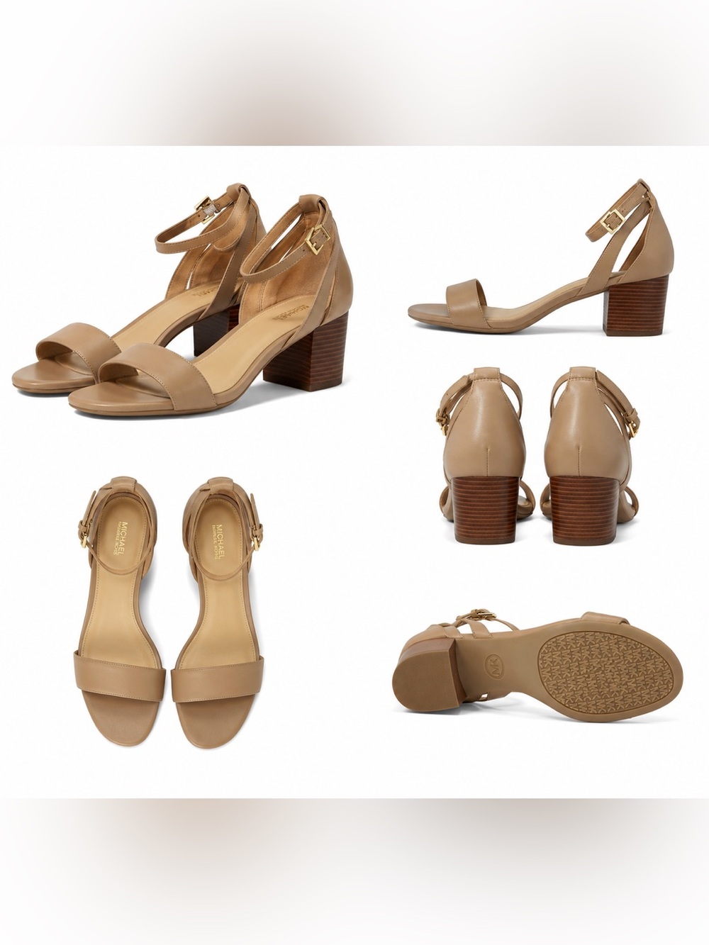 NWT Michael Kors Cardi Flex Mid Leather Sandals Camel Block Heel Size 7M